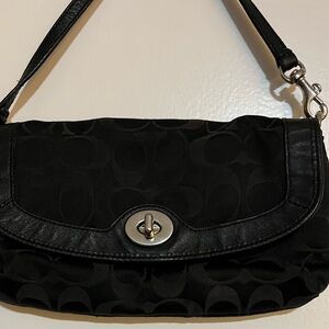 Coach Black Signature Canvas Turnlock Wristlet Bag with Silver Hardware